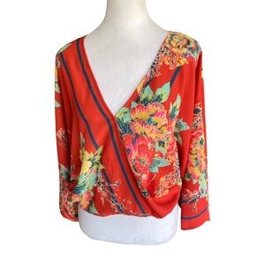 Flying Tomato Orange Floral Faux Wrap Blouse Women’s Size Large
